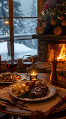 Fototapeta na wymiar Cozy Winter Dinner by the Fireplace with Grilled Steak and Wine