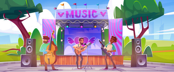 Open air music festival - male band plays and sings in city park with stage. Cartoon vector illustration of summer urban garden landscape with green trees and grass. Holiday event with singers concert