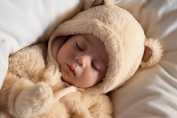Closeup cute toddler baby sleeping on a cozy bed. Happy toddler child peaceful sleep on a comfortable bed at home. Sweet dreams. Adorable toddler naptime. Family love and tranquility.