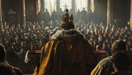king stands in front of a crowd of people in a church - obrazy, fototapety, plakaty