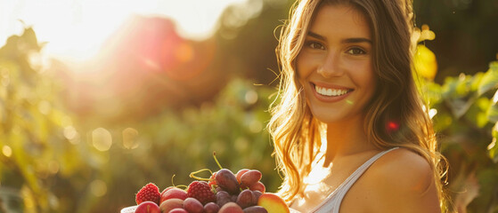 Smiling woman with a plate of fruits warm sunlight