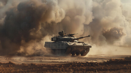 A generic military armored vehicle crosses minefields and smoke in the desert. - obrazy, fototapety, plakaty