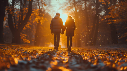 Romantic Walk in a Golden Autumn Forest at Sunset - obrazy, fototapety, plakaty