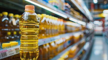 A plastic bottle containing vegetable oil sits on a kitchen counter - obrazy, fototapety, plakaty