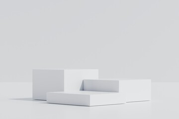 3d Abstract white room with realistic white square pedestal podium set and leaf shadow overlay. Minimal design scene for stage product display presentation. Geometric platform. 3D render illustration.