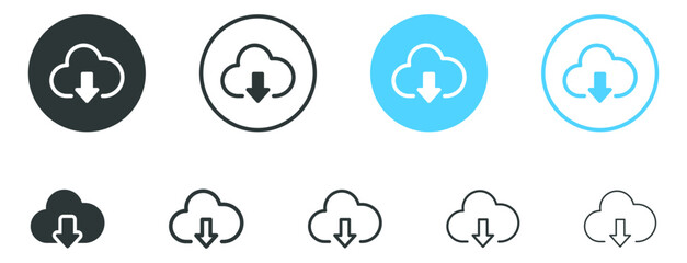 download icon button set, cloud symbol with arrow down icon -  import or save icon, data storage database icons