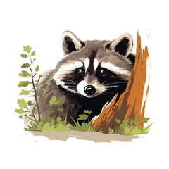 A curious raccoon illustration peeking out from beh