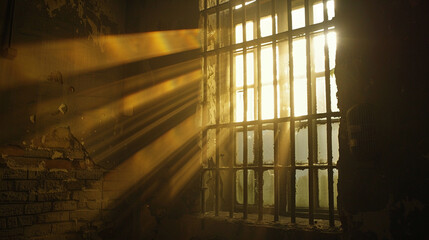 Sunlight filters through the barred window
