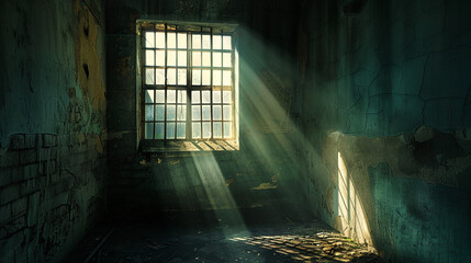 Sunlight filters through the barred window