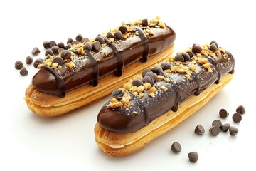delicious french chocolate eclairs on a plain white background