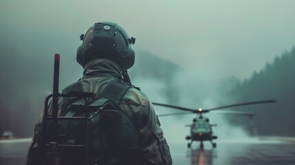 Ein Soldat der Luftwaffe steht vor einem Helikopter  - obrazy, fototapety, plakaty