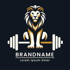 logo lion sitting barbell color yellow and white modern professional fitness style