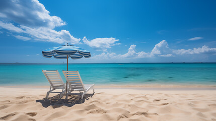 Sunny beach with colored umbrella and chaise-sun lounger on a clean sand. Tropical landscape, picture of a paradise