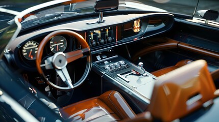 Vintage car interior with steering wheel, dashboard, and speedometer - obrazy, fototapety, plakaty