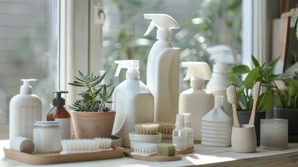 An array of eco-conscious household cleaning supplies in refillable containers,  reducing plastic waste