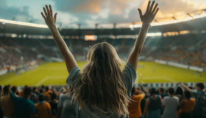 A woman is standing in a stadium with her arms raised in the air