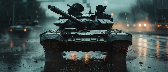 Ein fahrender Panzer bei Regen  - obrazy, fototapety, plakaty