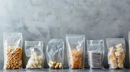 A row of sustainable packaging solutions,  including biodegradable bags,  compostable packaging peanuts,  and plant-based films