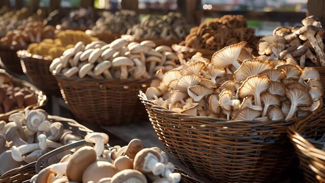 A traditional market scene with rows of baskets containing an array of freshly picked mushrooms from meaty oyster mushrooms to enoki mushrooms.