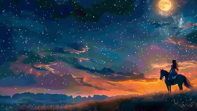 Beautiful woman on horseback under a fantastic sky. There is a bright moon and stars in the sky. Generative AI