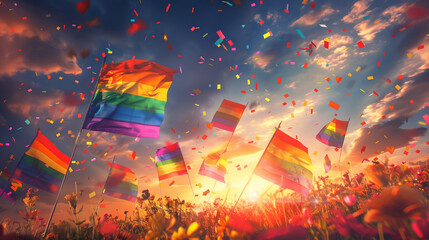 A vibrant collection of rainbow flags fluttering gracefully in the lush green grass, creating a colorful and joyous scene in honor of pride month