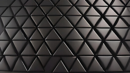 Abstract, polished, black, semigloss artistic wall background with triangular 3D tiles. Geometric texture, polygon shaped wallpaper background.