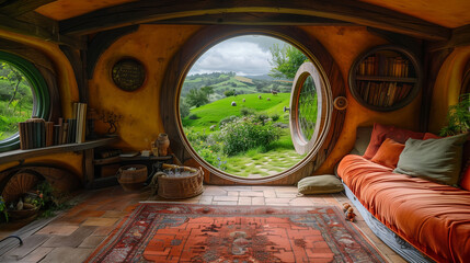 Open door of hobbit house from interior