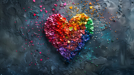 A heart-shaped design constructed from vibrant colored confetti, symbolizing love and unity for Pride Month celebrations