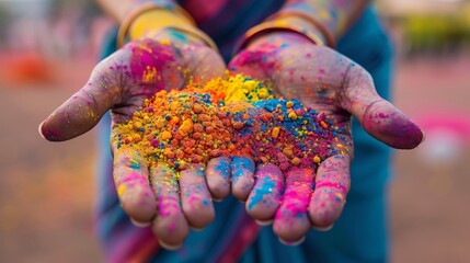 close-up of two hands with colorful powder - Holi festival concept background