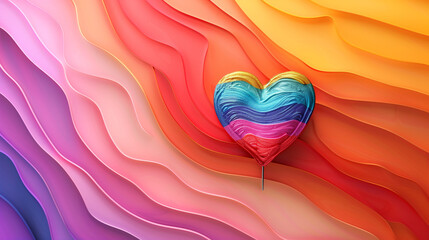 A heart shaped balloon gracefully floats above a vibrant rainbow background, symbolizing love and unity