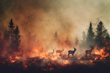 Two deer stand alert in front of a blazing fire, symbols of animals fleeing from a dangerous forest fire