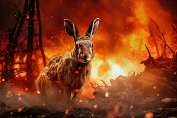 Foto auf Acrylglas Antireflex A kangaroo is seen standing in front of a raging forest fire, symbolizing the struggle of animals escaping from environmental disasters © Anoo
