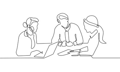 Business People Group Talking Trendy Line Art Drawing. People Talking Minimalistic Black Lines Drawing on White Background. Continuous One Line Abstract Drawing. Business Meeting Vector Drawing