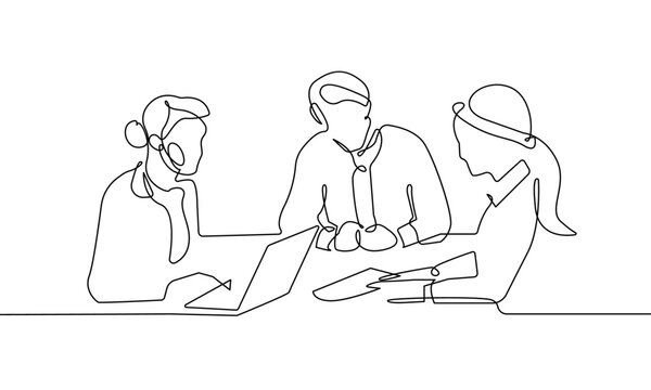 recommend clip art: Business People Group Talking Trendy Line Art Drawing. People Talking Minimalistic Black Lines Drawing on White Background. Continuous One Line Abstract Drawing. Business Meeting Vector Drawing