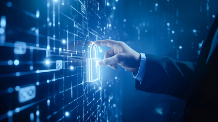 A man is touching a blue screen with a blue lock on it, it security concept