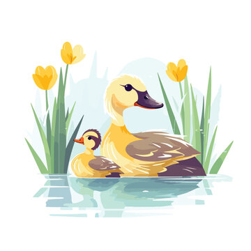 A cute duckling illustration following its mother o