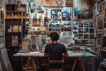 Artist Contemplating Photographic Collage in Studio