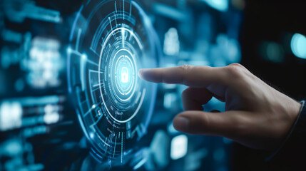A hand is pointing to a blue circle with a padlock on it, cyber security concept