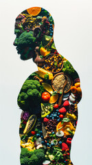 inside the silhouette of an of an athletic man there are colorful fruit salads and smoothie bowls, vegetables and lean protein, broccoli, and quinoa