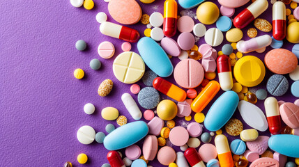 Top-down view of pills on a purple backdrop, showcasing the array of medications for wellness - obrazy, fototapety, plakaty
