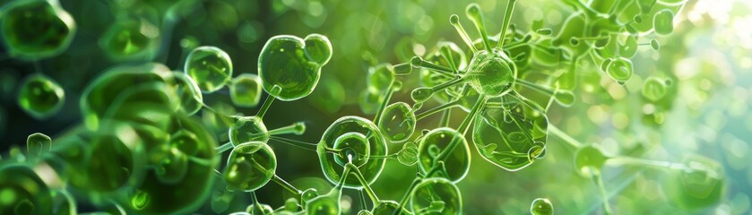 Digital illustration of green virus particles in a close-up view, highlighting details and texture.