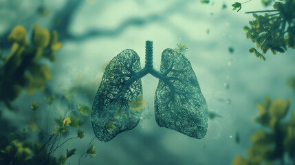 A lung is shown in a forest setting, surrounded by leaves and branches, lungs cancer disease - obrazy, fototapety, plakaty