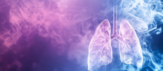 A close up of a human lung with purple and blue smoke in the background, lungs cancer disease - obrazy, fototapety, plakaty