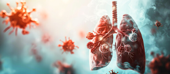 A close up of a lung with a virus in the background, lungs cancer disease