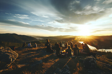 Group of Friends Watching Sunset on Mountain Overlook