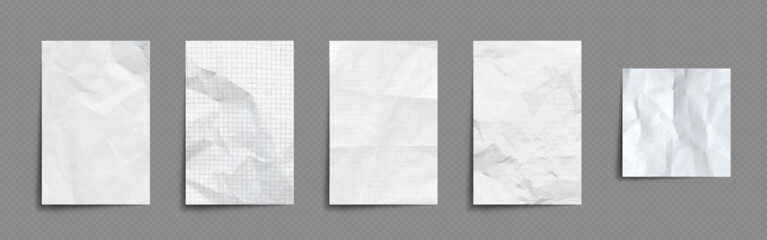 Notebook paper sheets set isolated on transparent background. Vector realistic illustration of blank white checkered and lined pieces with crumpled wrinkled texture, memory notes, message notepaper