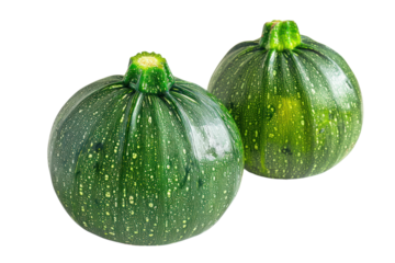 
Fresh green round courgette isolated on white background Realistic daytime first person perspective