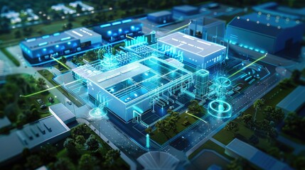 Security technology with AI smart surveillance control at factory and industry area, the security system can control electrical equipment in modern factory, AI generated, space for ads