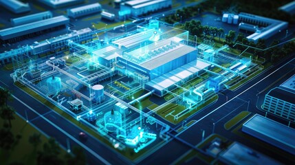 Security technology with AI smart surveillance control at factory and industry area, the security system can control electrical equipment in modern factory, AI generated, space for ads