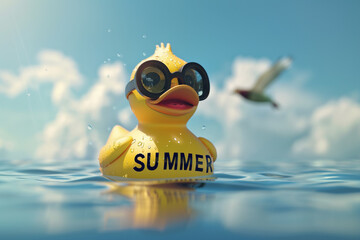 Cheerful Rubber Duck with Black Goggles Floating on Water, Summer Fun Concept